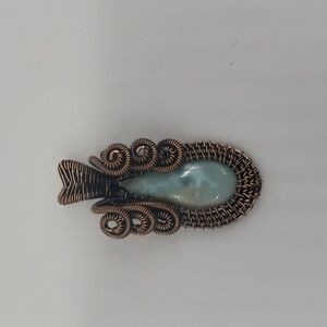 764- Larimar Natural Stone Wire Wrapped Pendant Necklace Handmade NWT